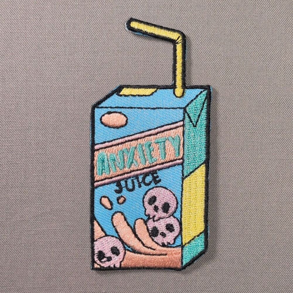 Anxiety Juice Box With Skulls Iron On Patch | Funny Patch
